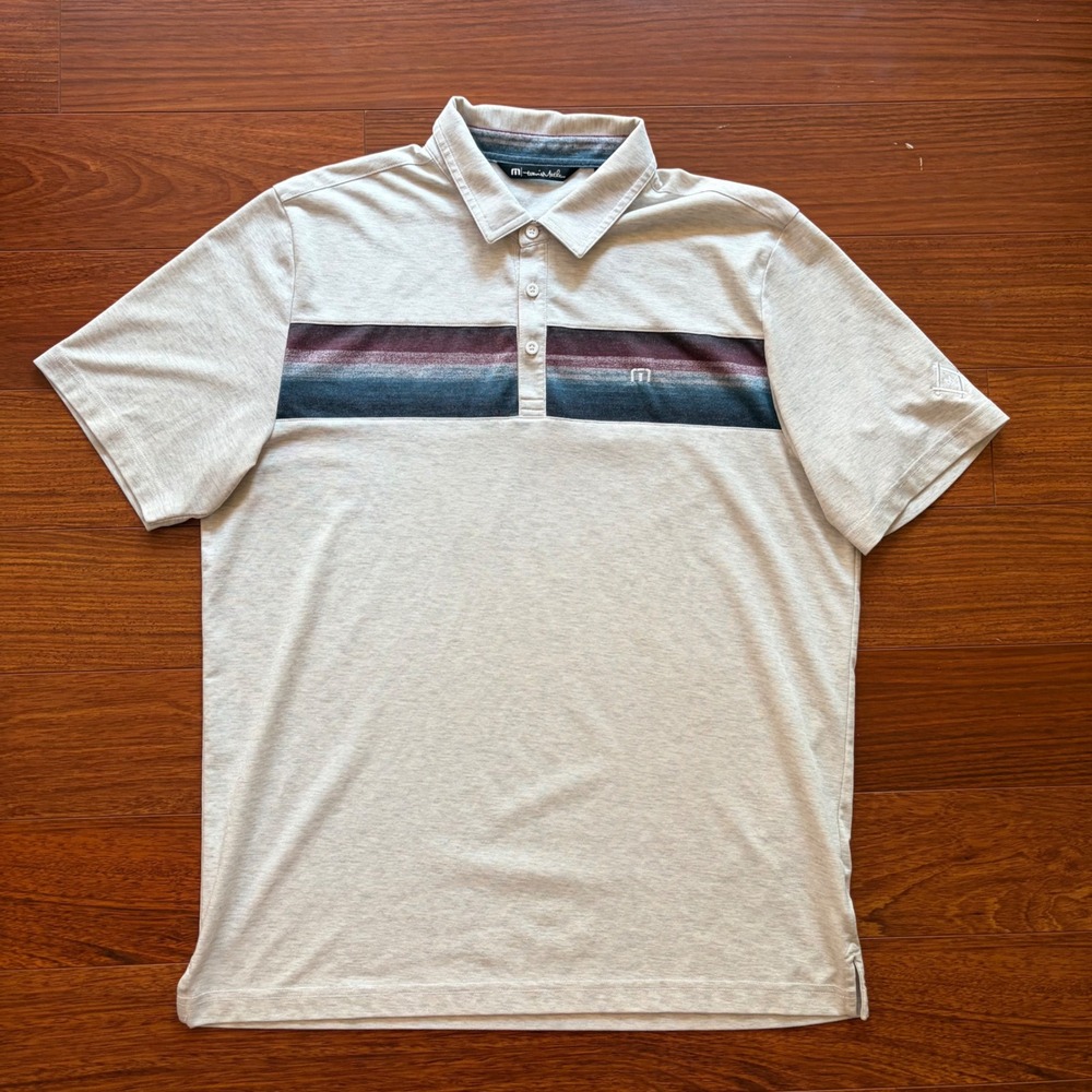 TravisMathew Mens XL Gray Stripe Short Sleeve Golf Polo Shirt Performance Casual